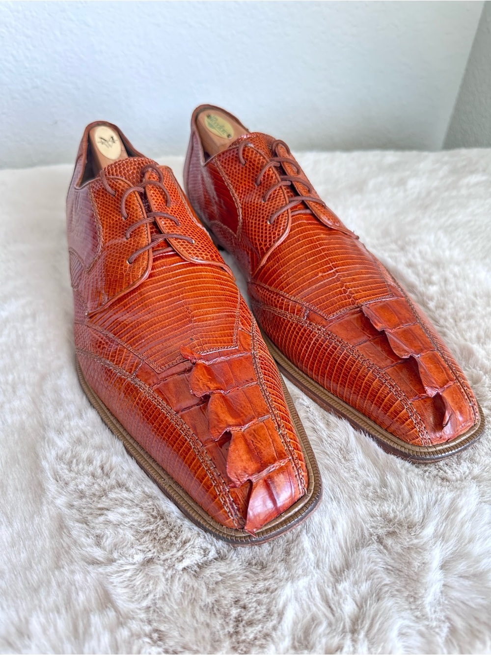 Belvedere Genuine Crocodile & Caiman Lizard Skin Oxford Dress Shoes sz 13 Orange